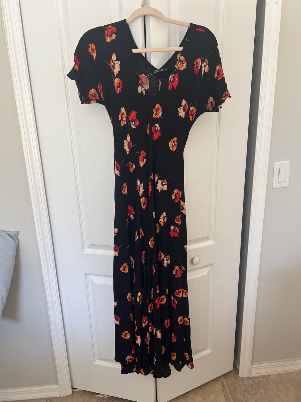 Zara Black Maxi Dress with Red & Orange Floral Print
